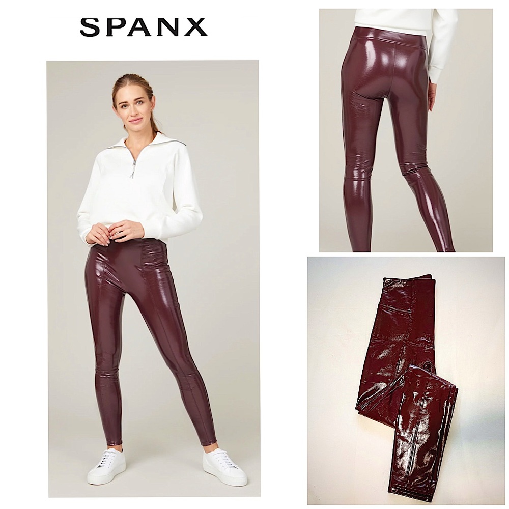 SPANX Faux Patent Leather Leggings, Ruby | Size Small